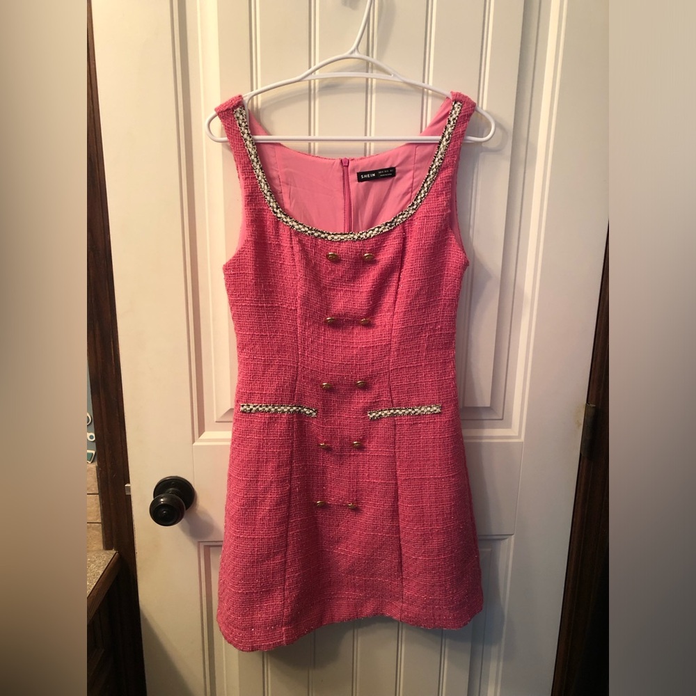 SHEIN Pink Tweed Sleeveless Button A-Line Dress